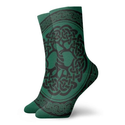 Celtic Fashion Compression Socks,Monochrome Tree Of Life Illustration With,Performance Polyester Cushioned Athletic Crew Socks for Running,Athletic,Forrest Green Black -12 inch