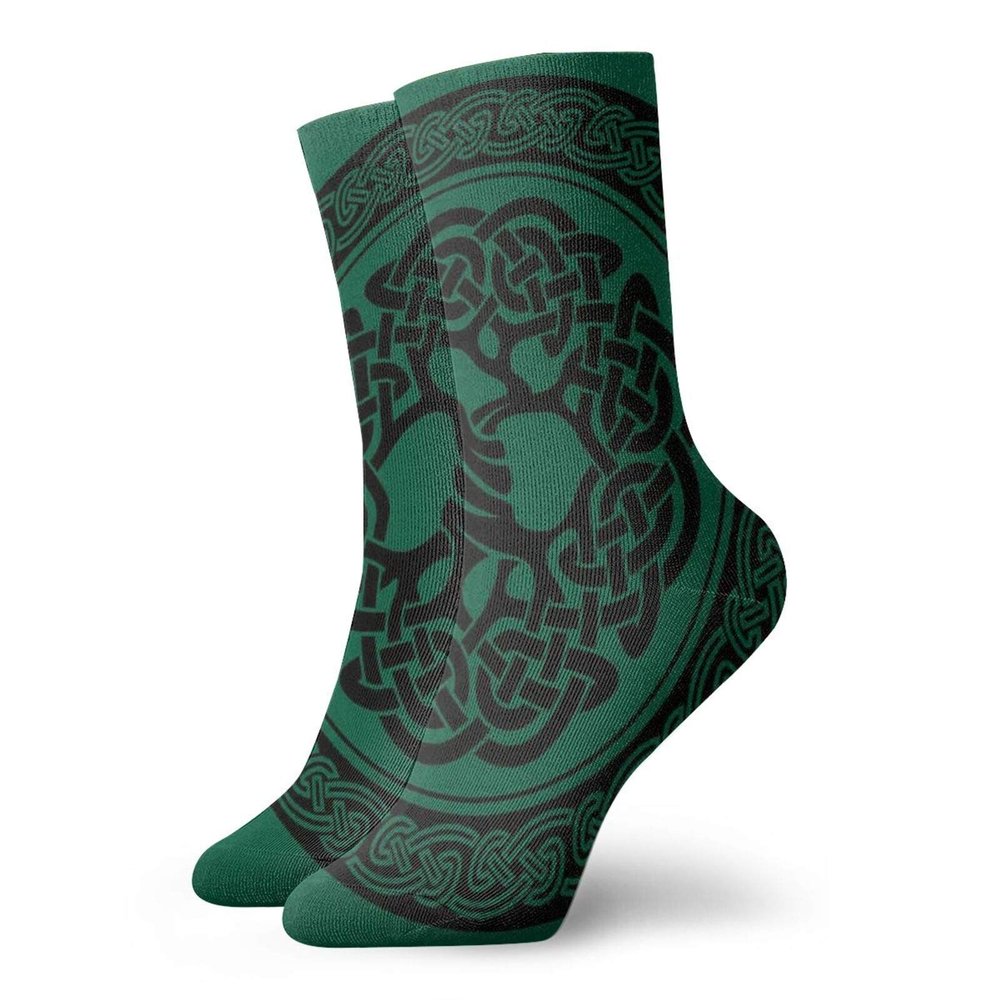 Celtic Fashion Compression Socks,Monochrome Tree Of Life Illustration With,Performance Polyester Cushioned Athletic Crew Socks for Running,Athletic,Forrest Green Black -12 inch