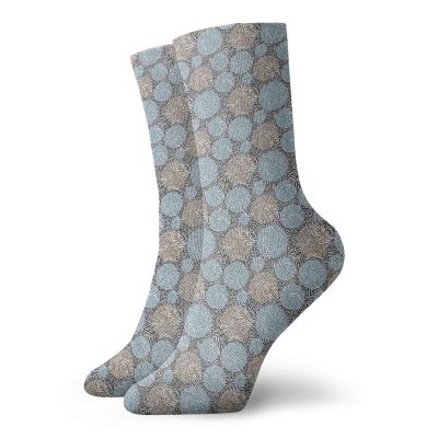 Abstract Fashion Compression Socks,Bicolor Circles Background With Ornamental Swirled Striped,Performance Polyester Cushioned Athletic Crew Socks for Running,Athletic,Pale Blue Beige White -12 inch