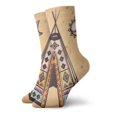 GULTMEE Tribal Fashion Compression Socks,Ethnic Tent With Ancient Symbols Cultural,Performance Polyester Cushioned Athletic Crew Socks for Running,Athletic,Pale Coffee Brown -12 inch