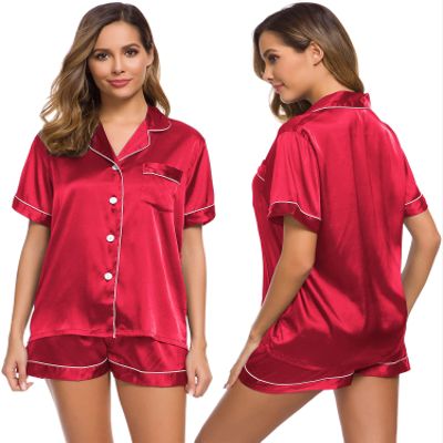 LecGee Womens Silk Satin Pajamas Set Short Sleeve Sleepwear Button Down Loungewear 2 Pcs Pjs
