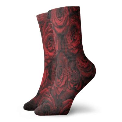 Dark Red Funny Compression Socks Women and Men,Image Of Red Roses With Drops Of Water Blooming Bouquet Symbol Of Love And Passion,Best for Circulation,Running,Athletic,Nurse,Travel,Red Black -12 inch