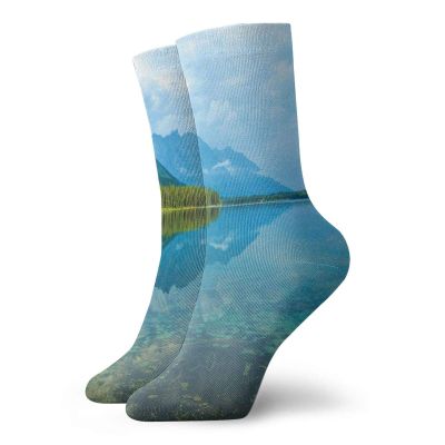 GULTMEE Wyoming Funky Colorful Cushion Sport Socks,Leigh Lake Landscape With Amazing Sky,Athletic Cushioned Running Performance Crew Socks For Men/Women,Olive Green Sea Blue -12 inch