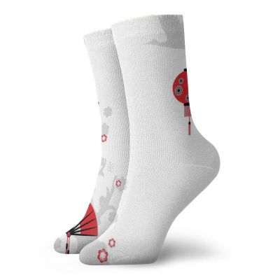 GULTMEE Lantern Funky Colorful Cushion Sport Socks,Geisha Woman Holding Japanese Fan Floral,Athletic Cushioned Running Performance Crew Socks For Men/Women,Black Red -12 inch