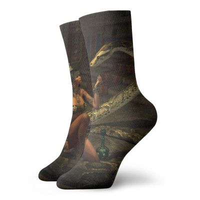 Western Funky Colorful Cushion Sport Socks,Mystery Dark Skin Girl With Headdress Eye To Eye With Huge Snake,Athletic Cushioned Running Performance Crew Socks For Men/Women,Cream Brown -12 inch