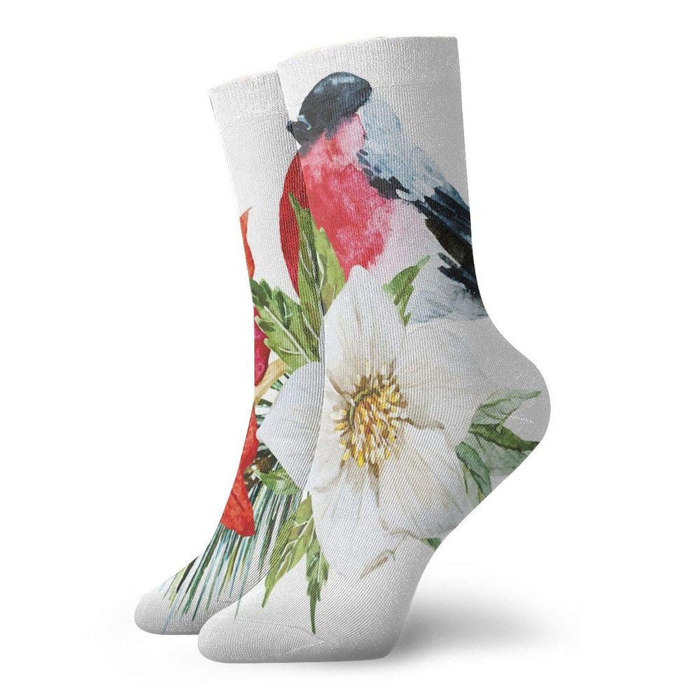 GULTMEE Bird Fashion Compression Socks,Cute Bullfinch Exotic Hellebore And Lily,Performance Polyester Cushioned Athletic Crew Socks for Running,Athletic,Vermilion Green Black -12 inch