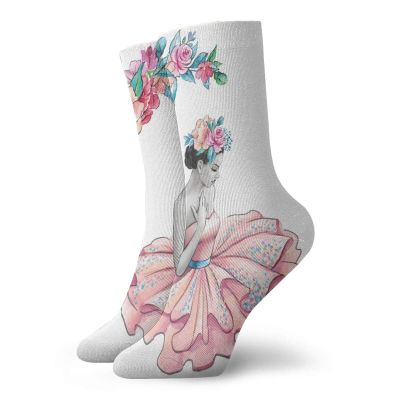 GULTMEE Ballerina Fashion Compression Socks,Painting Illustration Of Girl With Floral,Performance Polyester Cushioned Athletic Crew Socks for Running,Athletic,Multicolor -12 inch