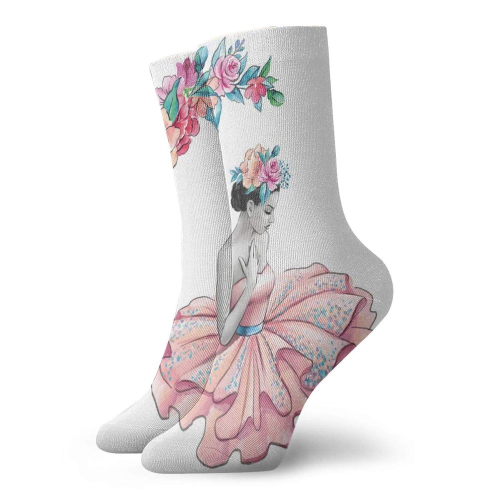 GULTMEE Ballerina Fashion Compression Socks,Painting Illustration Of Girl With Floral,Performance Polyester Cushioned Athletic Crew Socks for Running,Athletic,Multicolor -12 inch