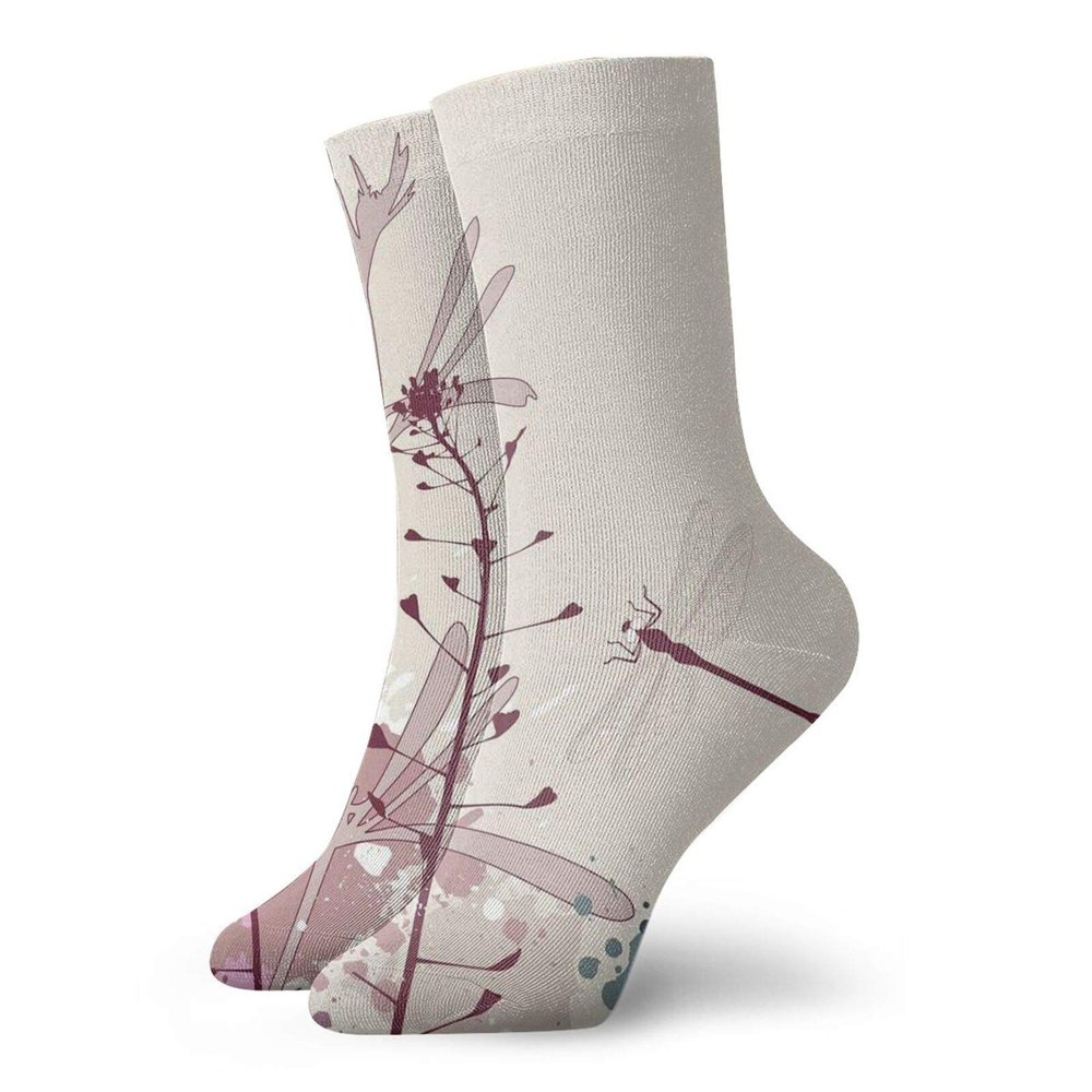 GULTMEE Fashion Compression Socks,Grunge Style Design Flowers Leaves And Bugs Flies Wings Image,Performance Polyester Cushioned Athletic Crew Socks for Running,Athletic, -12 inch