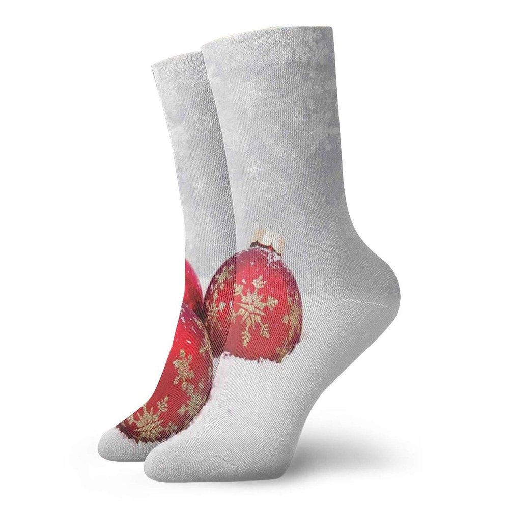Christmas Funny Compression Socks Women and Men,Xmas Baubles On Snow With Snowflakes Ice Holiday Humanitarian Illustration,Best for Circulation,Running,Athletic,Nurse,Travel,Red White -12 inch