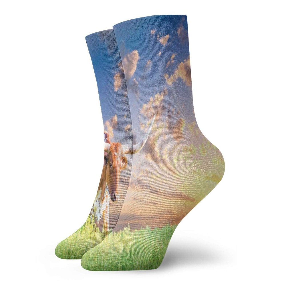 GULTMEE Longhorn Fashion Compression Socks,Photography Of Female Cow In Pasture,Performance Polyester Cushioned Athletic Crew Socks for Running,Athletic,Multicolor -12 inch