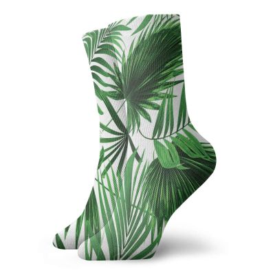 Palm Leaf Fashion Compression Socks,Realistic Vivid Leaves Of Palm Tree Growth Ecology Lush Botanyd,Performance Polyester Cushioned Athletic Crew Socks for Running,Athletic,Fern Green White -12 inch