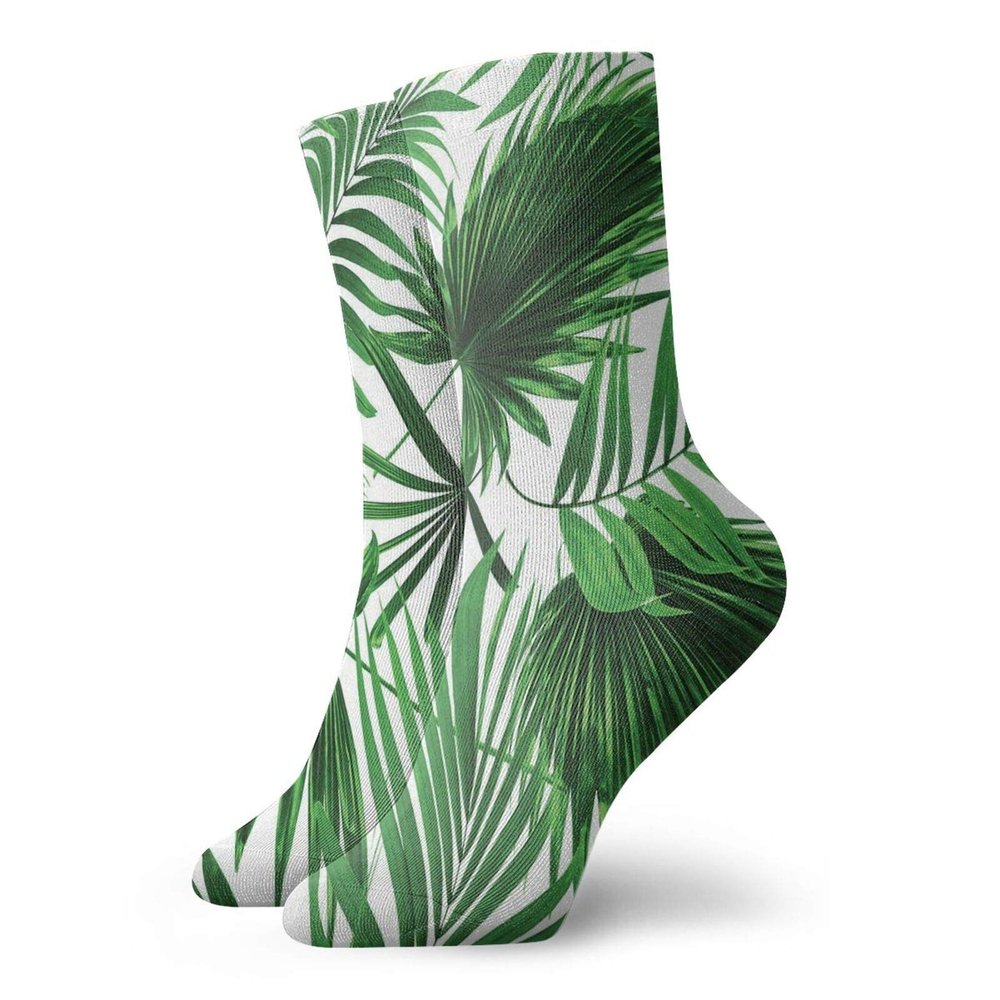 Palm Leaf Fashion Compression Socks,Realistic Vivid Leaves Of Palm Tree Growth Ecology Lush Botanyd,Performance Polyester Cushioned Athletic Crew Socks for Running,Athletic,Fern Green White -12 inch