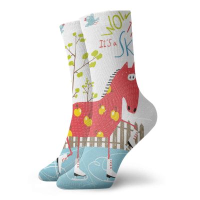 Quirky Fashion Compression Socks,Wow Its Skating Horse On Ice Amusing Colorful Cartoon Tree Birds Winter,Performance Polyester Cushioned Athletic Crew Socks for Running,Athletic,Multicolor -12 inch