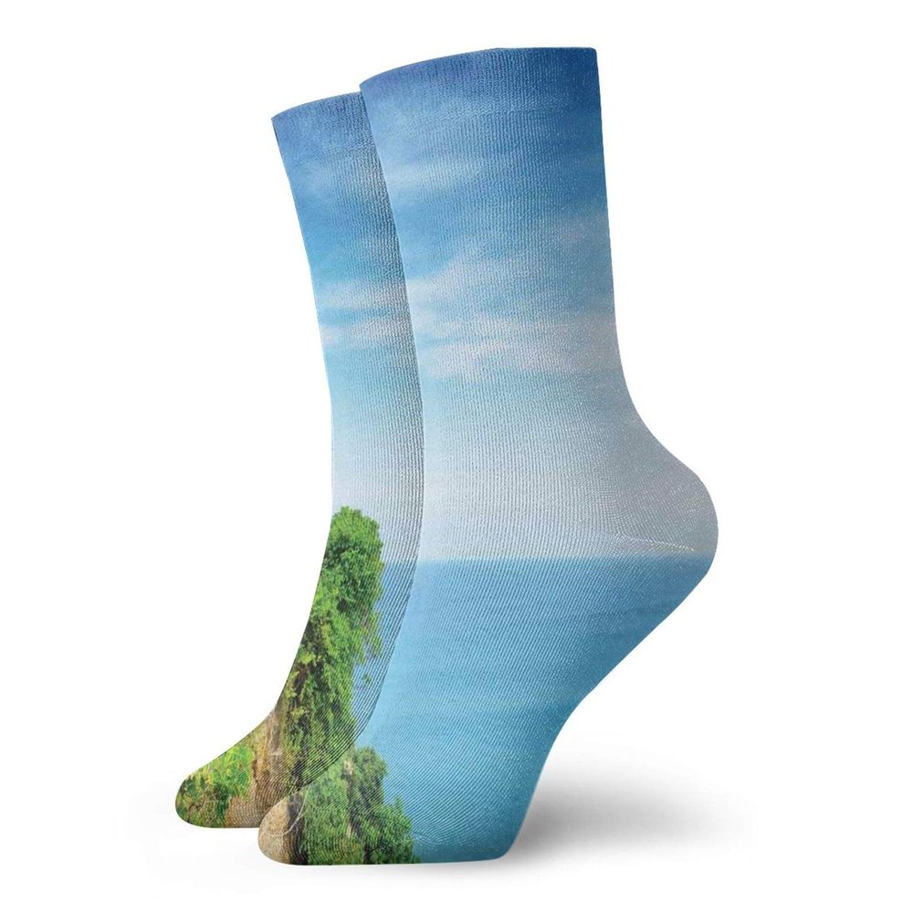 GULTMEE Balinese Funky Colorful Cushion Sport Socks,Uluwatu Building Bali Indonesia Seacoast Cliff,Athletic Cushioned Running Performance Crew Socks For Men/Women,Green Blue -12 inch
