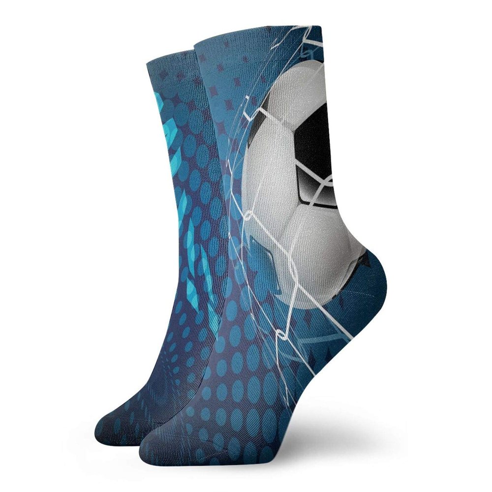 Soccer Funny Compression Socks Women and Men,Goal Football Flying Into Net Abstract Dots Pattern Background European Sport,Best for Circulation,Running,Athletic,Nurse,Travel,Blue Black White -12 inch
