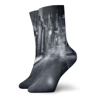 GULTMEE Night Funky Colorful Cushion Sport Socks,Moody Monochrome View Of Cortlandt Alley,Athletic Cushioned Running Performance Crew Socks For Men/Women,Black White -12 inch