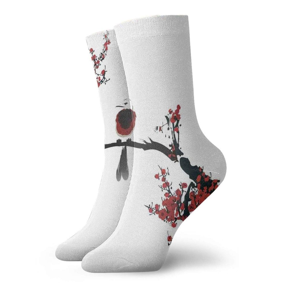GULTMEE Nature Fashion Compression Socks,Cute Bird On Cherry Tree Summertime,Performance Polyester Cushioned Athletic Crew Socks for Running,Athletic,Black Red -12 inch
