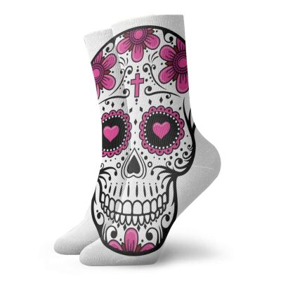 GULTMEE Sugar Skull Fashion Compression Socks,Flowers Hearts Swirls Cruciform Gothic Cultural,Performance Polyester Cushioned Athletic Crew Socks for Running,Athletic,Hot Pink Black White -12 inch