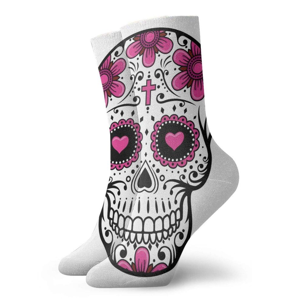 GULTMEE Sugar Skull Fashion Compression Socks,Flowers Hearts Swirls Cruciform Gothic Cultural,Performance Polyester Cushioned Athletic Crew Socks for Running,Athletic,Hot Pink Black White -12 inch