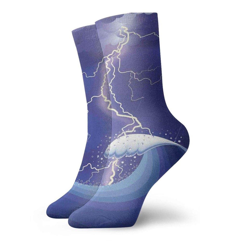 GULTMEE Purple Fashion Compression Socks,Heavy Storm In The Ocean Dark,Performance Polyester Cushioned Athletic Crew Socks for Running,Athletic,Purple Blue White -12 inch