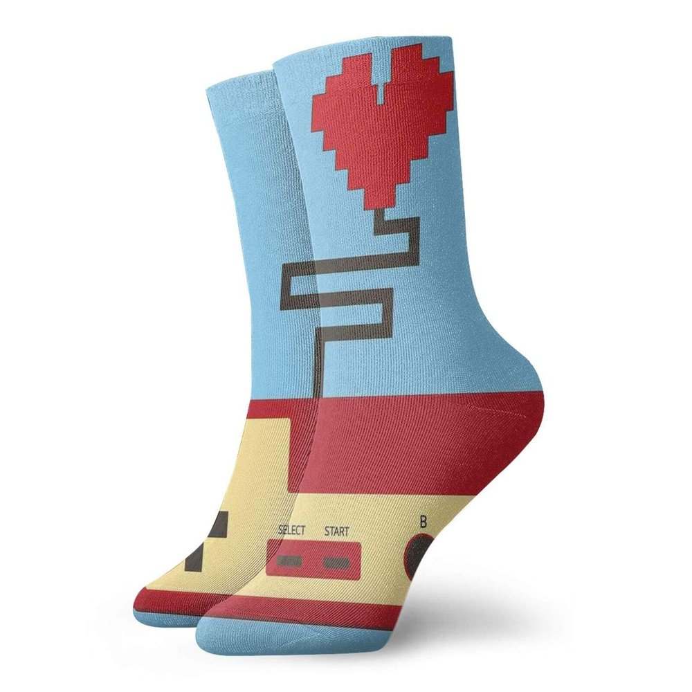 Gamer Funny Compression Socks Women and Men,Pixel Art Style Heart Connected To A Controller With Simplistic Design,Best for Circulation,Running,Athletic,Nurse,Travel,Pale Blue Beige Ruby -12 inch