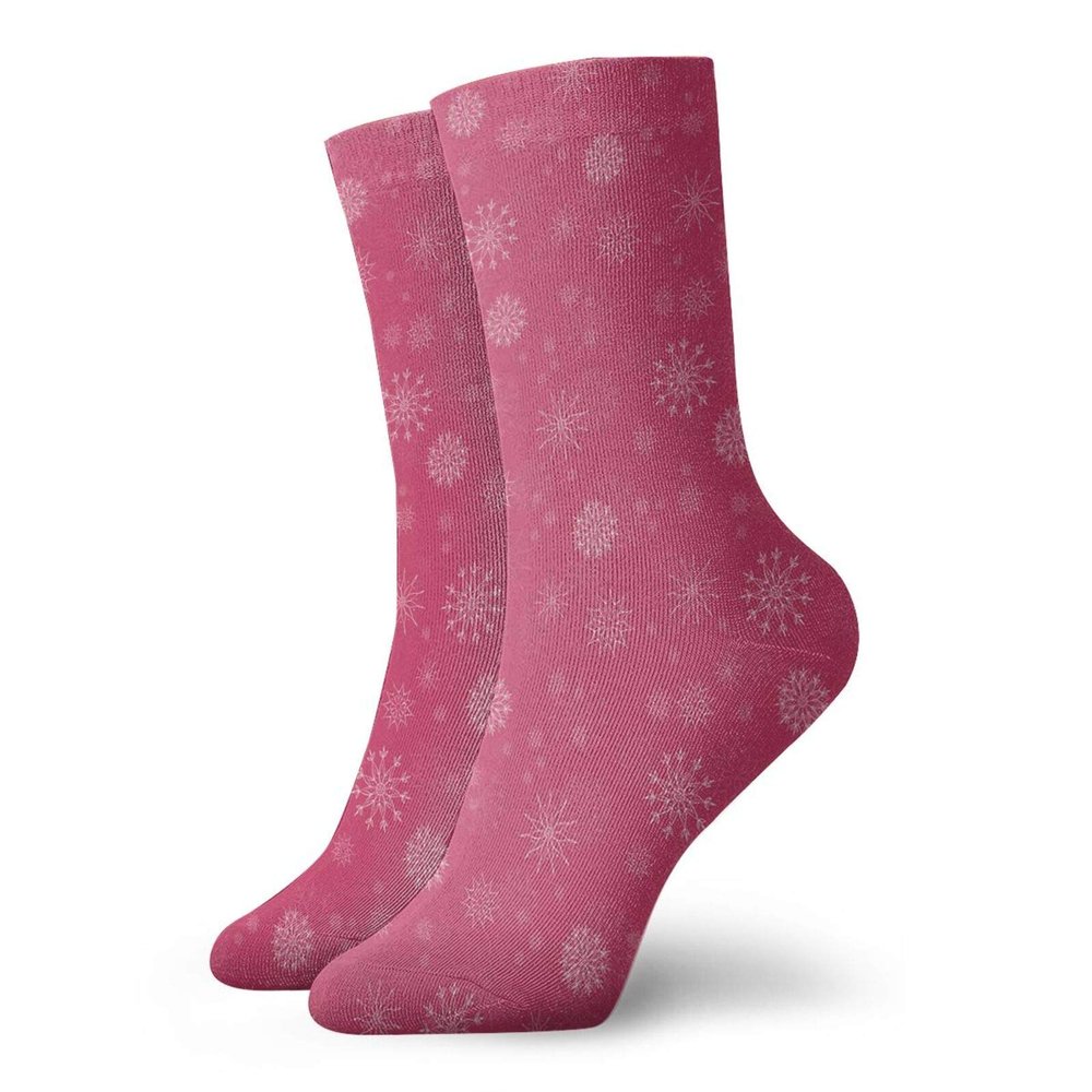 Winter Fashion Compression Socks,Gentle White Snowflakes On Pink Background Soft Feminine Romantic Seasonal,Performance Polyester Cushioned Athletic Crew Socks for Running,Athletic,Pink White -12 inch