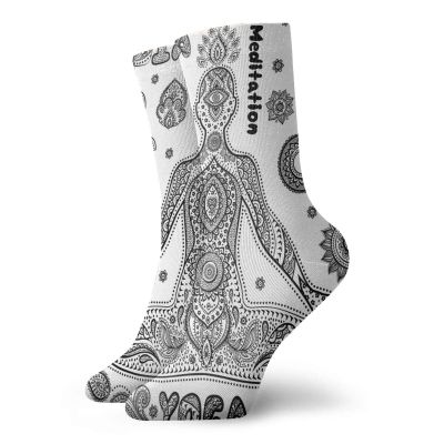 Yoga Fashion Compression Socks,Ornamental Symbols Ethnic Paisley Motifs Asia Hamsa Hand Harmony Aura,Performance Polyester Cushioned Athletic Crew Socks for Running,Athletic,Black And White -12 inch