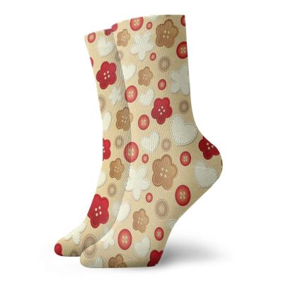 GULTMEE Beige Fashion Compression Socks,Cute Illustration Of Hearts Buttons And,Performance Polyester Cushioned Athletic Crew Socks for Running,Athletic,Brown Beige Red -12 inch