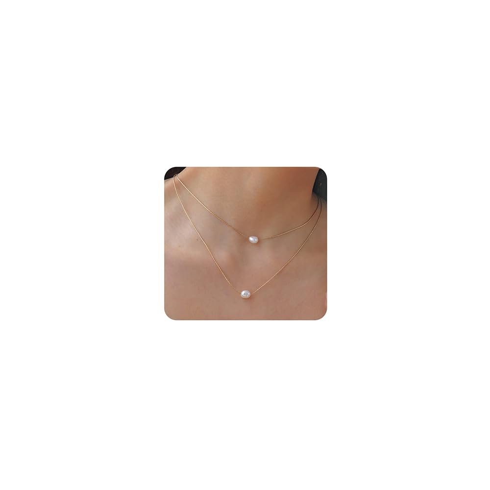 Wiwpar Simple Layered Choker Necklace Double Pearl Pendant Necklace for women