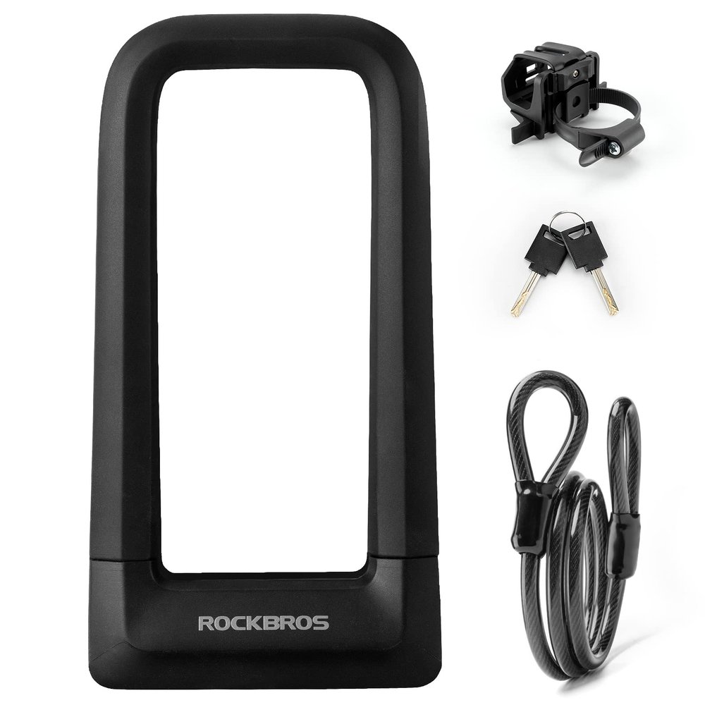 ROCKBROS Bike U Lock, Heavy Duty Anti Theft with Cable Silicone Cover (Max 22.5MM Bike U Lock+Keys+1.2M/4Ft Steel Cable+Mounting Bracket)