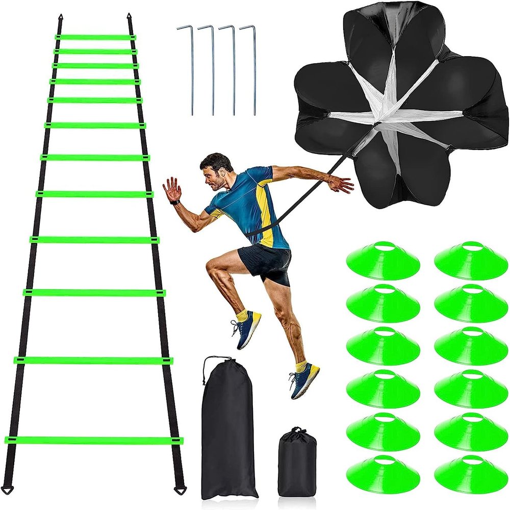 Pro Speed & Agility Training SetIncludes 12 Rung 20ft Adjustable Agility Ladder with Carrying Bag, 12 Disc Cones, 4 Steel Stakes, 1 Resistance Parachute, Use Equipment to Improve Footwork Any Sport