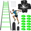 Pro Speed & Agility Training SetIncludes 12 Rung 20ft Adjustable Agility Ladder with Carrying Bag, 12 Disc Cones, 4 Steel Stakes, 1 Resistance Parachute, Use Equipment to Improve Footwork Any Sport