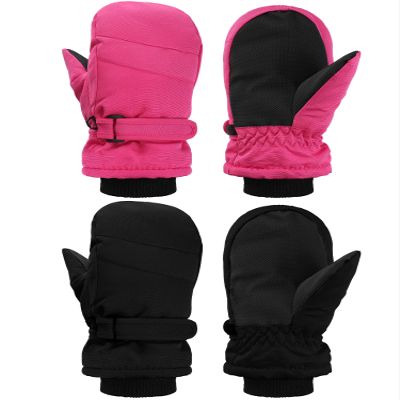 SATINIOR 2 Pairs Kids Snow Mittens Waterproof Winter Ski Gloves Warm Thicken Snow Gloves for Girls Boys (Rose Red, Black, 5-8 Years)