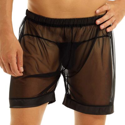 Hedmy Men's See-Through Mesh Swim Trunks Loose Boxer Shorts Underwear Beachwear Cover Ups Black Medium