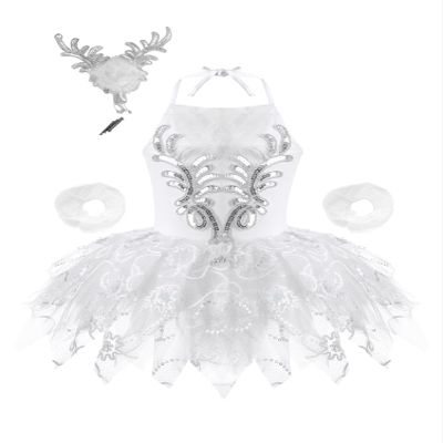 Aislor Girls Ballet Dress Sequined Mesh Tutu Swan Dance Leotard with Bracelets Headwear White 3-4 Years