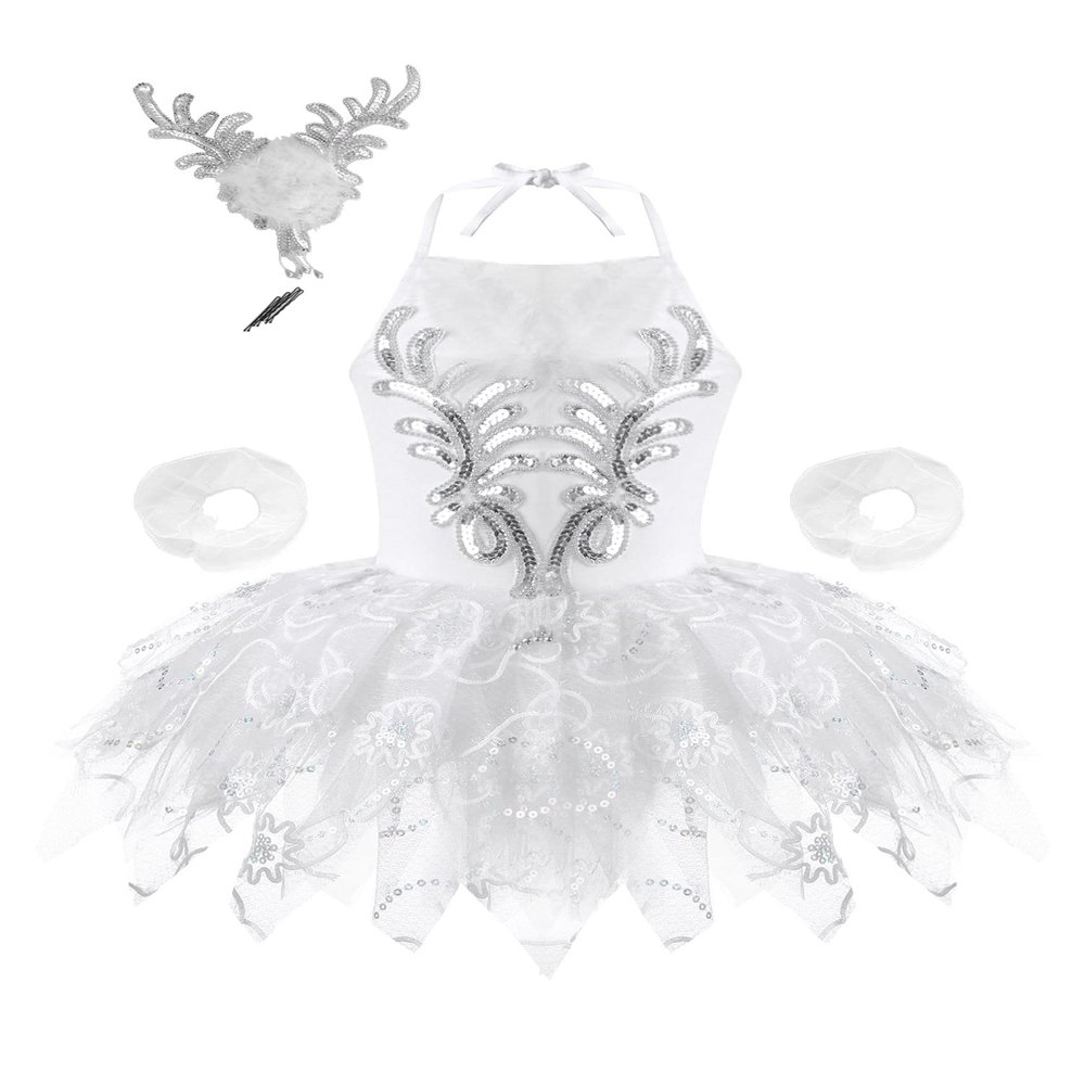 Aislor Girls Ballet Dress Sequined Mesh Tutu Swan Dance Leotard with Bracelets Headwear White 3-4 Years