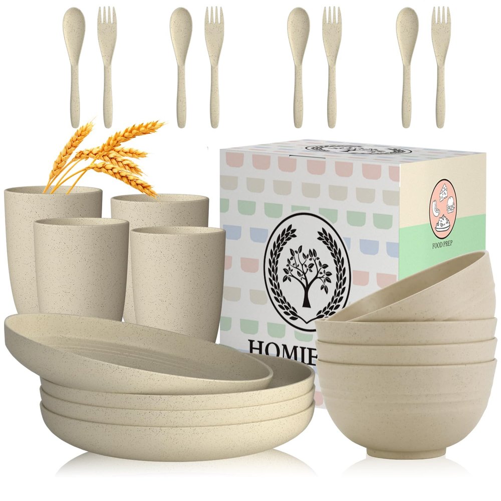 Homienly Wheat Straw Dinnerware Sets, 20pcs Lightweight Unbreakable Dinnerware, Microwave Dishwasher Safe Bowls Cups Forks Spoons set,Perfect for Camping Outdoor, Beige