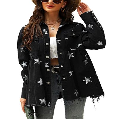 chouyatou Women's Casual Frayed Raw Hem Star Print Mid Long Peplum Denim Jacket (Large, Black)
