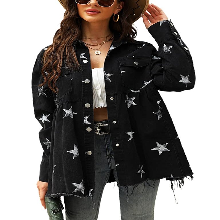 chouyatou Women's Casual Frayed Raw Hem Star Print Mid Long Peplum Denim Jacket (Large, Black)