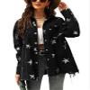 chouyatou Women's Casual Frayed Raw Hem Star Print Mid Long Peplum Denim Jacket (Large, Black) view 1
