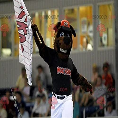 SPOTSOUND Brown dog REDBROKOLY Mascot in white and black sportswear