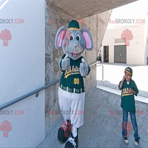 SPOTSOUND Gray elephant mouse REDBROKOLY Mascot in green sportswear