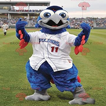SPOTSOUND Blue and red bird REDBROKOLY Mascot in white outfit
