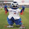 SPOTSOUND Blue and red bird REDBROKOLY Mascot in white outfit