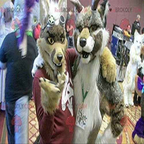 2 furry and colorful dog REDBROKOLY Mascots