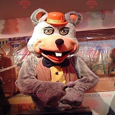 SPOTSOUND Gray mouse REDBROKOLY Mascot in red and yellow costume
