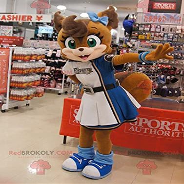 SPOTSOUND Brown fox REDBROKOLY Mascot in a cheerleader dress
