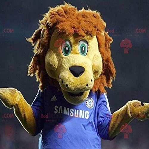 SPOTSOUND Yellow and brown lion REDBROKOLY Mascot in blue sportswear