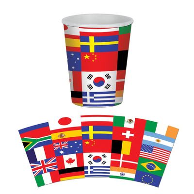 Club Pack of 96 Red and Blue International Flag Disposable Paper Drinking Party Tumbler Cups 9 oz.